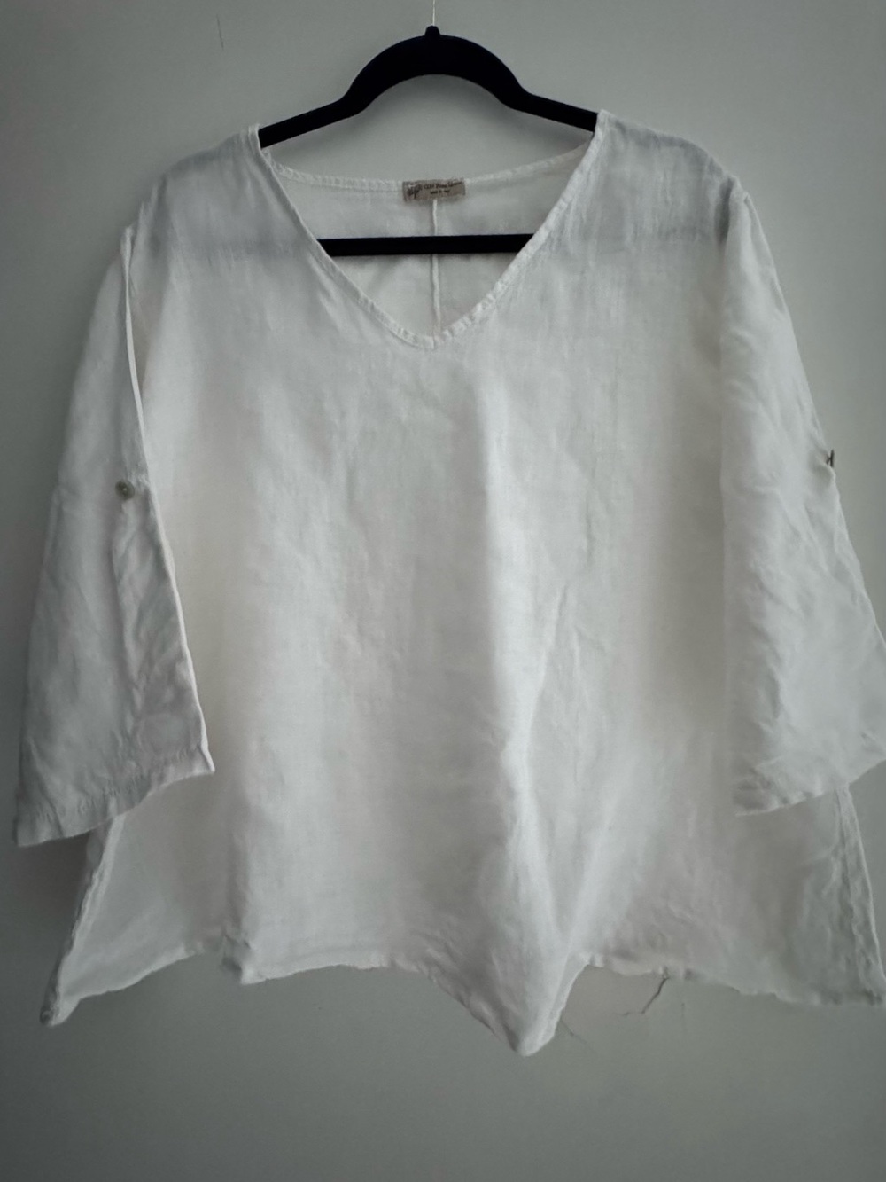 Relaxed White 100% Linen Made In Italy V-Neck Tunic Top M